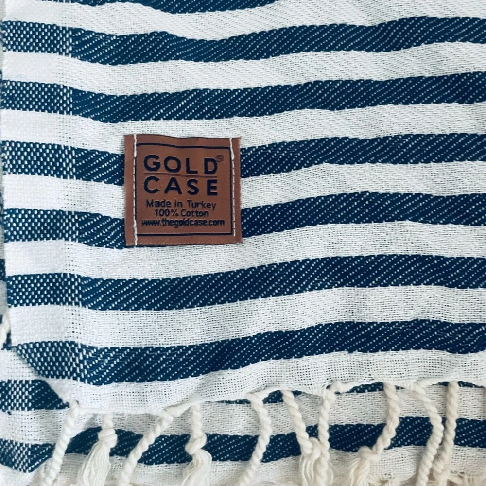Gold Case Blue and White Stripe Turkish fringe Cotton Peshtamel Towel Wrap - Picture 9 of 16
